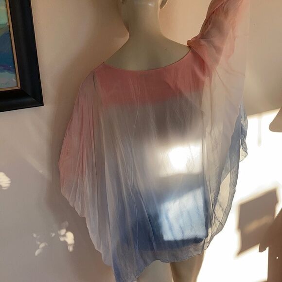 Vintage sheer Blouse Peach Fuzz Blue silk two piece layered Ombré Top size Small - Picture 2 of 16